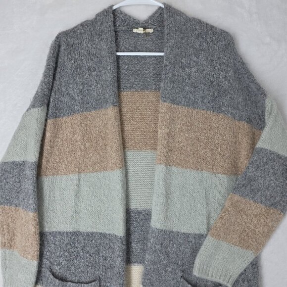 Entro Open Front Long Sweater Cardigan Women's L Beige Gray Striped - Picture 2 of 12